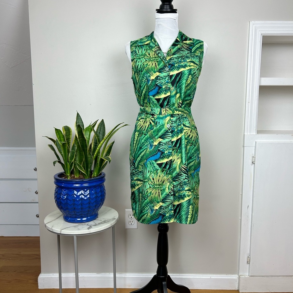 Silky Tropical Hawaiian Print Button Front Sleeveless Shirt Dress 90’s Y2K